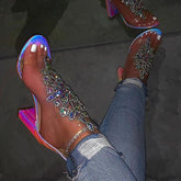 Line-Style Buckle Open Toe Chunky Covering Casual Rhinestone heels
